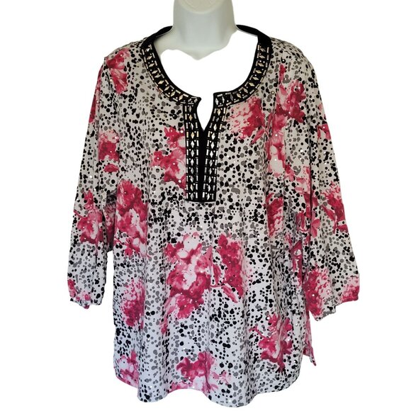 Studded V Neck Top Blouse XL 3/4 Sleeve Clear Sequins Pink Black Boho Artsy - Picture 3 of 6